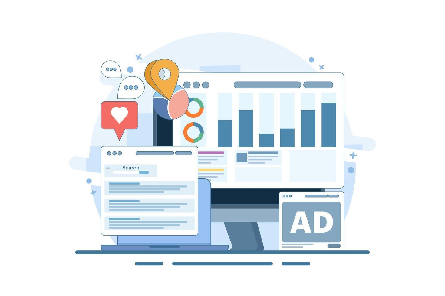 Digital marketing report concept, SEO audit, content analysis, online website audit and data analysis, website marketing analysis, social media advertising data analysis. flat illustration. vector