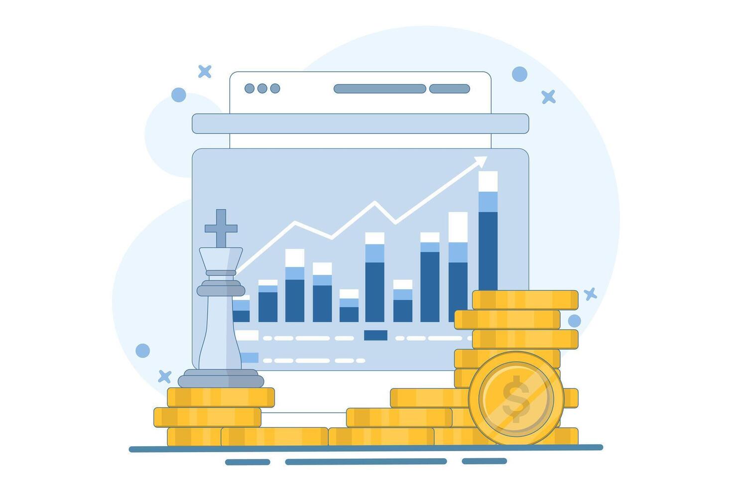 Digital financial growth concept, Online financial system management with chess pieces, tablet, gold coins on isolated background, digital marketing. Flat illustration. vector