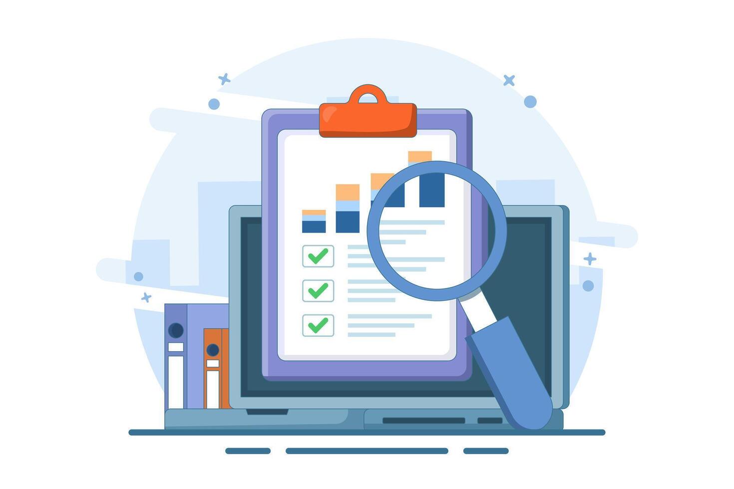 accounting analysis concept with graphs, audit research on computer, flat cartoon, big paper financial statement analysis on pc and magnifying glass, document success check. vector