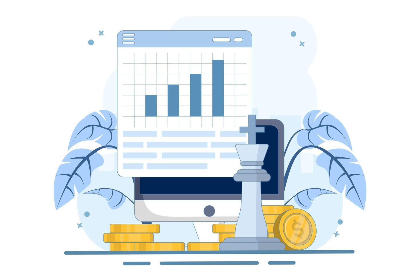 Digital financial growth concept, Online financial system management with chess pieces, tablets, gold coins. digital marketing. vector