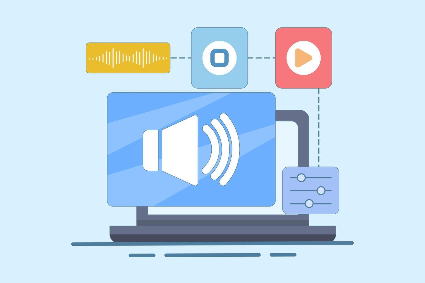 Concept of Listening to Audio and Multimedia Content, Icons depicting speakers to represent the function of listening to audio and a screen or movie for multimedia content. vector