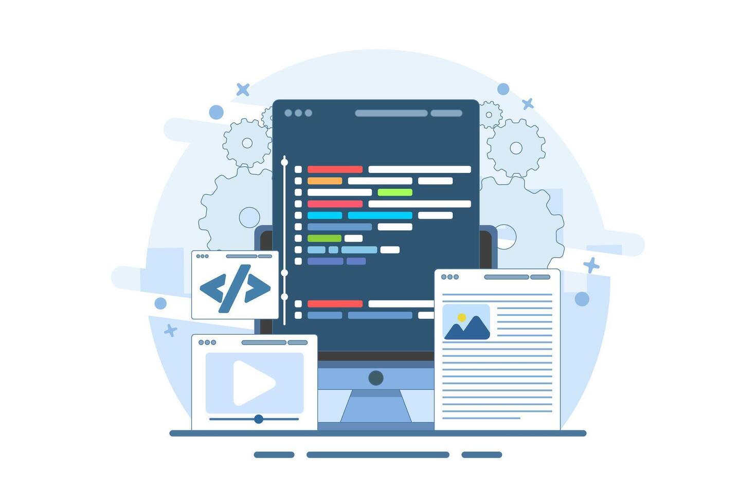 testing web design user interface prototypes on local servers. Website development, coding on laptop screens, and programming. web design. vector