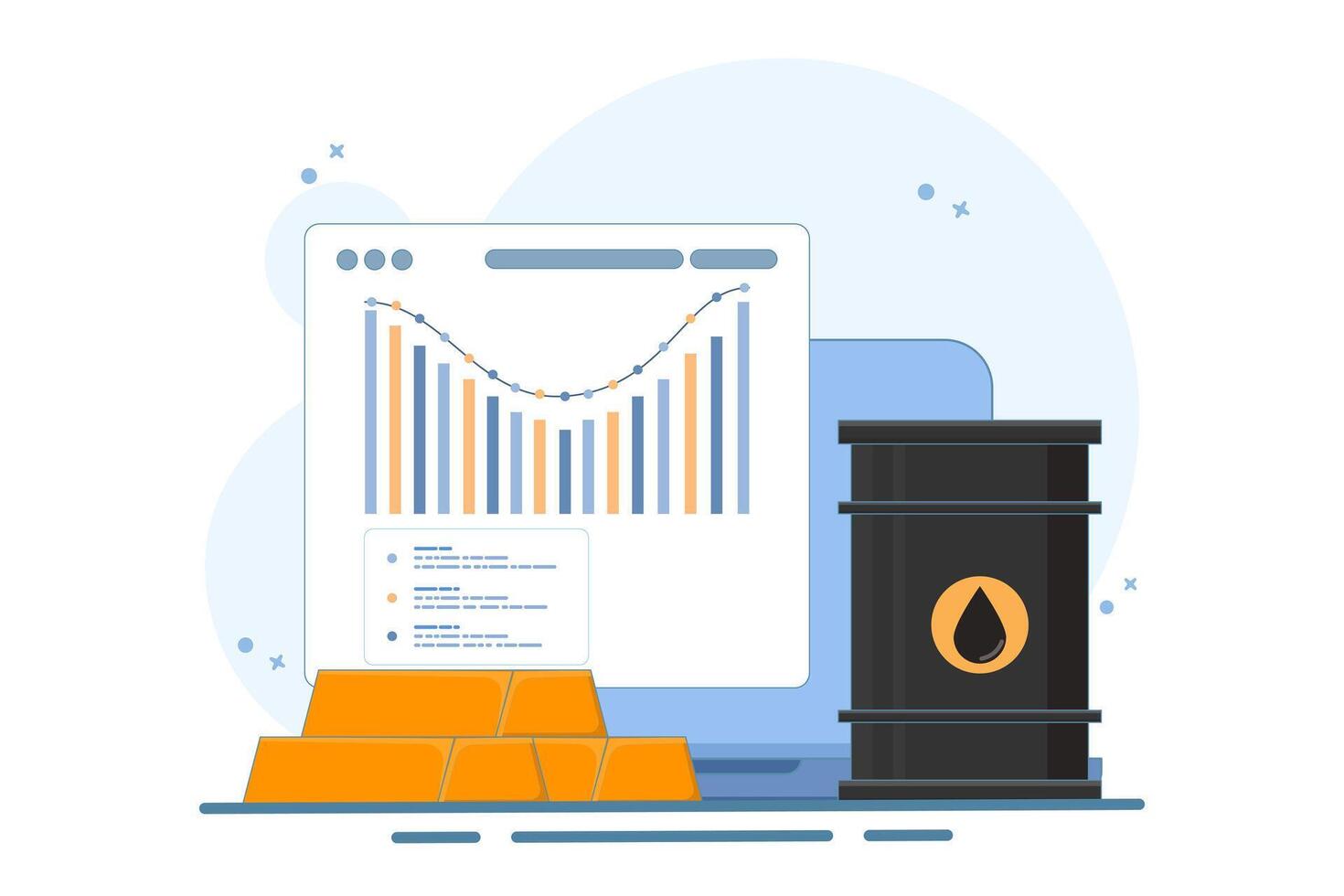 Global gold and crude oil trading market concept, Oil barrels with gold bars and devices on isolated background, digital marketing. Flat illustration. vector