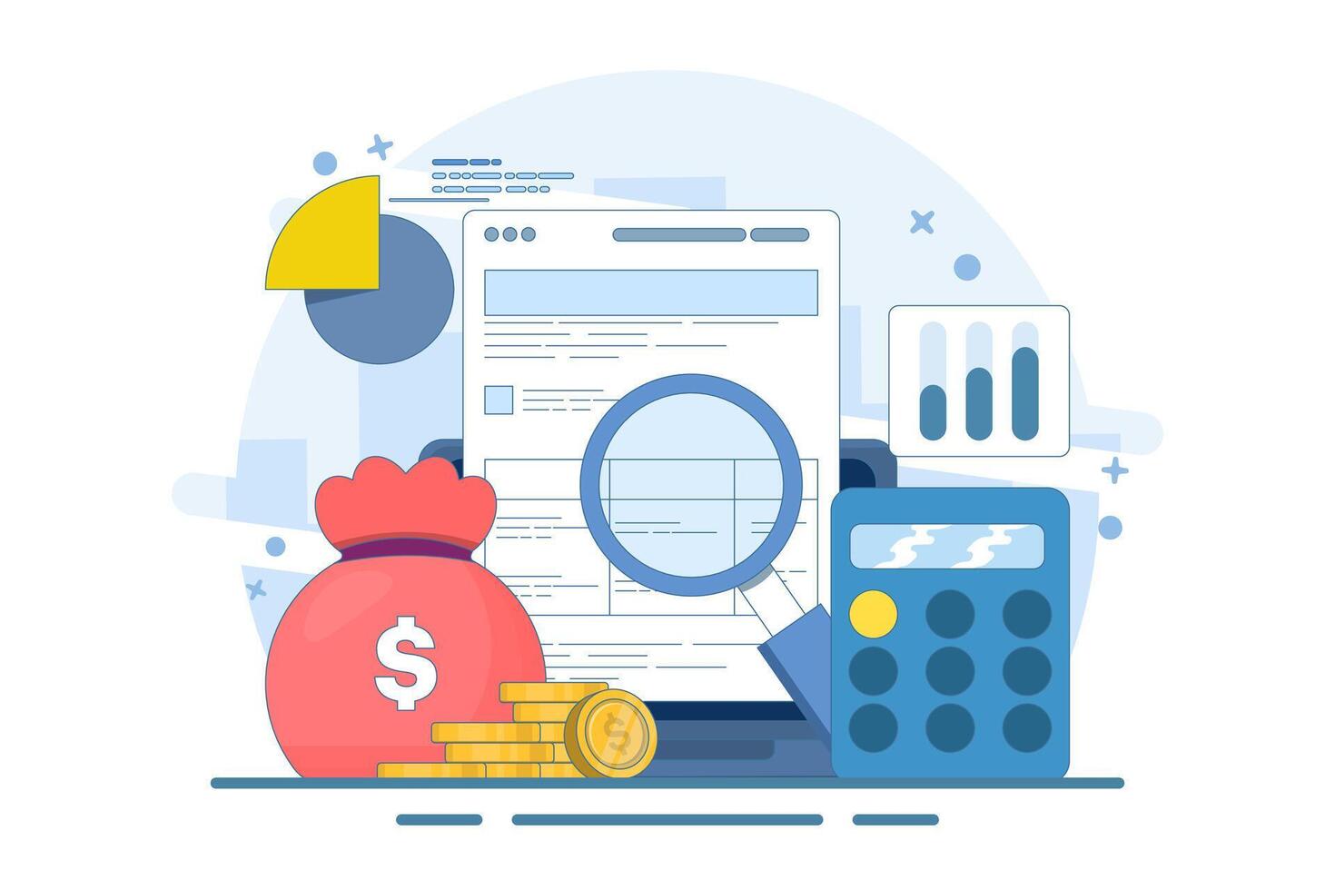 Business Profit and Loss Report Concept, Business Data Analysis, Payroll, Salary Calculation Concept, Flat Illustration for Web Banner, Landing Page, Mobile App. flat illustration on background. vector