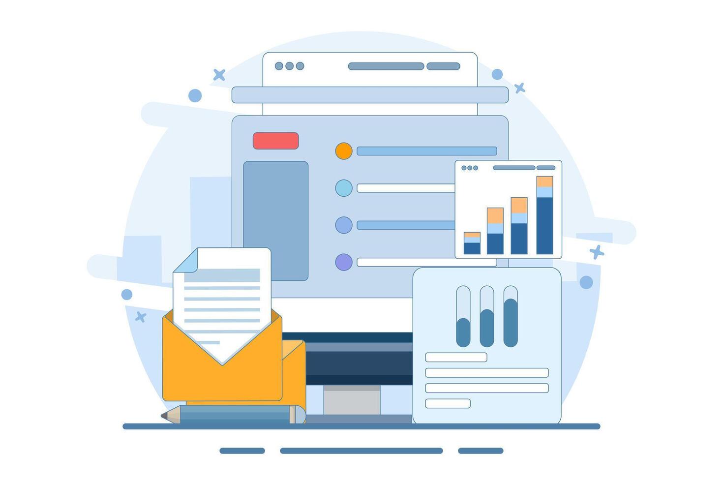 Online digital mail media content. Email service network website feedback. Information about events, activities, company information, and announcements. email messages. flat illustration. vector
