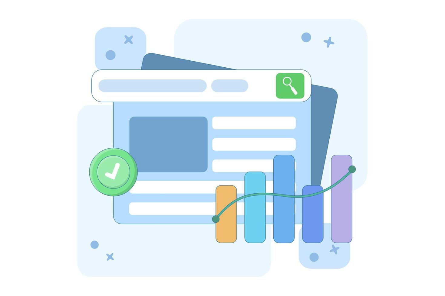 Media search data with stock charts for business. Management software. Media data. Media data management and charts for business. vector