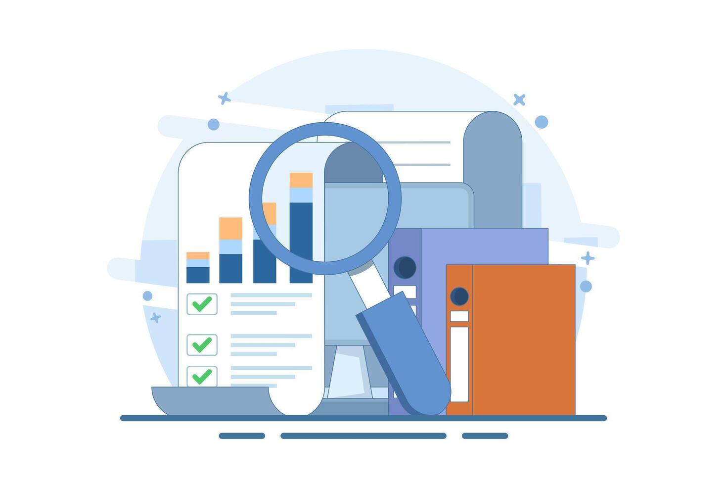 accounting analysis concept with graphs, audit research on computer, flat cartoon, big paper financial report data analysis on pc and magnifying glass, success check. vector