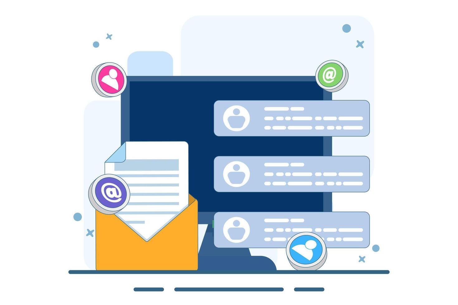 Email marketing concepts, Online business strategies, Advertising, Email newsletters, messages, marketing materials. vector