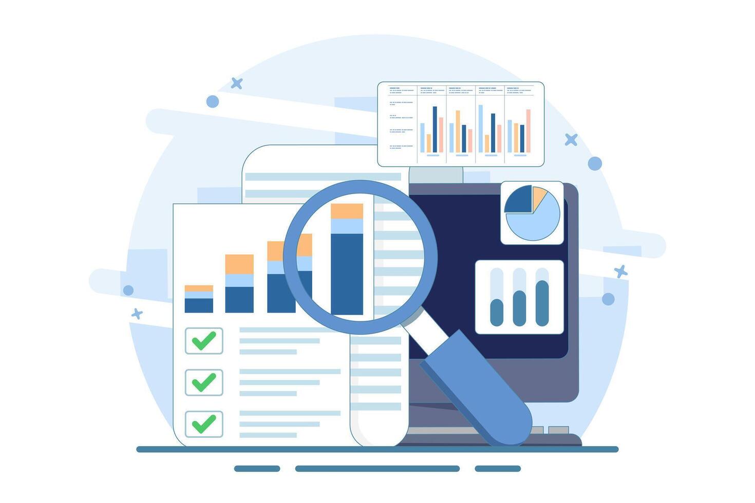 accounting analytics concept with graphs, audit research on computer, flat cartoon, big paper financial report data analysis on pc and magnifying glass, digital document success check. vector