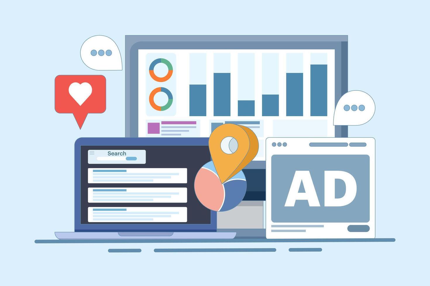 Digital marketing report concept, website marketing analysis, social media advertising data analysis, SEO audit, content analysis, online website audit and data analysis, flat illustration. vector