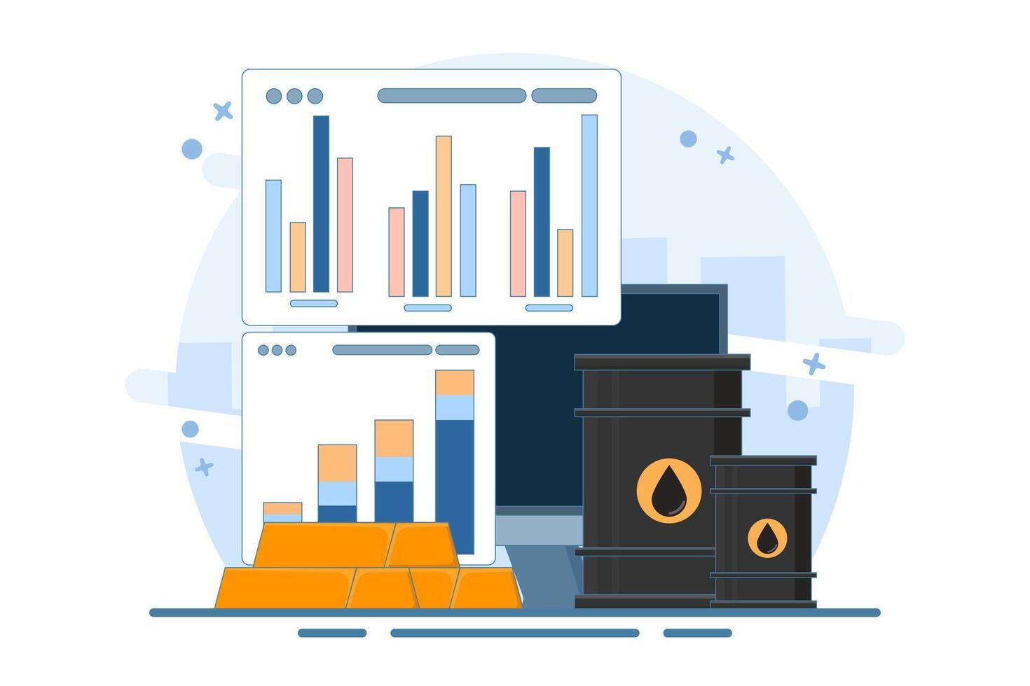 Global gold and crude oil trading market concept, Oil barrel with gold bars and devices on isolated background, digital marketing. Flat illustration on background. vector