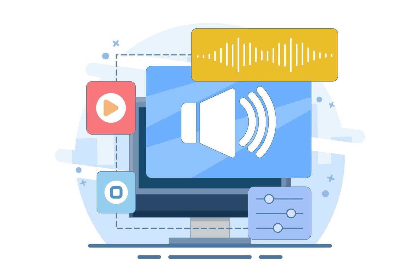 Concept of Listening to Audio and Multimedia Content, Icon depicting a speaker to represent the function of listening to audio and a screen or movie for multimedia content. Illustration. vector