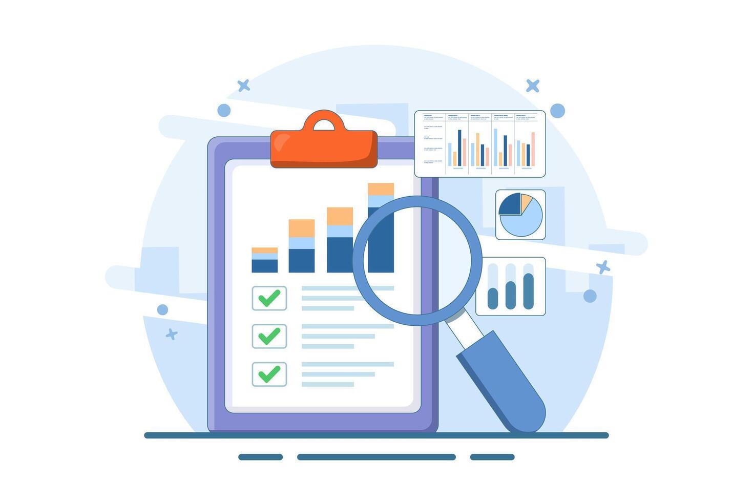 accounting analysis concept with graphs, audit research on computer, flat cartoon, big paper financial report analysis on pc and magnifying glass, digital document success check. flat illustration. vector