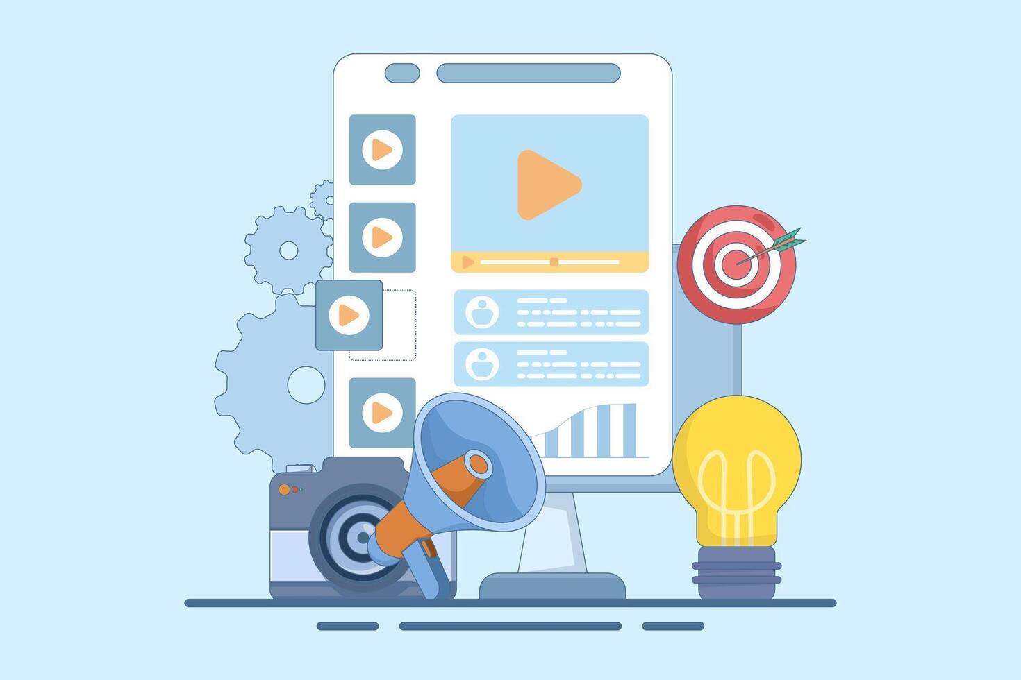 marketing influencer concept. Award winning advertisement, film business. promotion. Social media strategy, internet advertising. Flat design landing page website illustration. vector