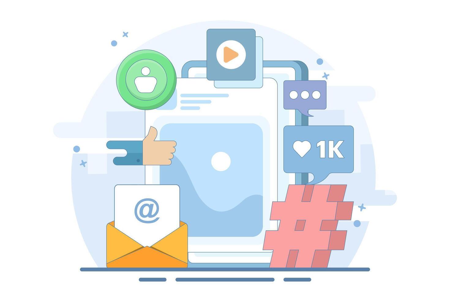 Social media marketing strategy concept, such as email, tag, digital marketing strategy, social media management, SMM, brand insight, campaign strategy development. Flat illustration. vector