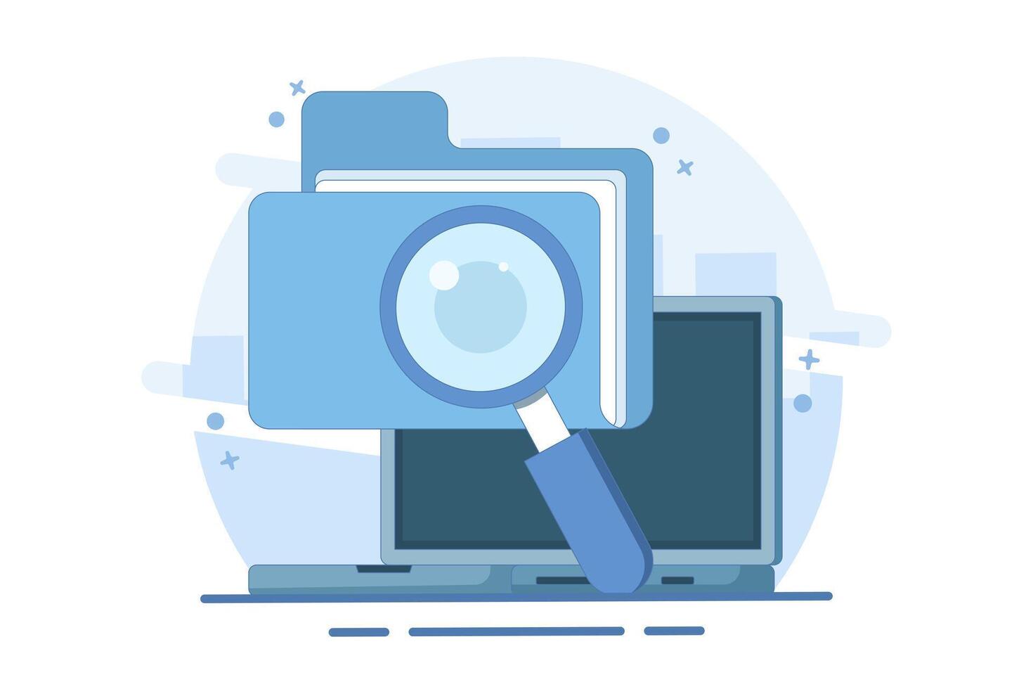 Concept Scan or examine folder documents, investigate document archive review, online analysis, reports or documents, examine legal documents, find or search file archive documents. vector