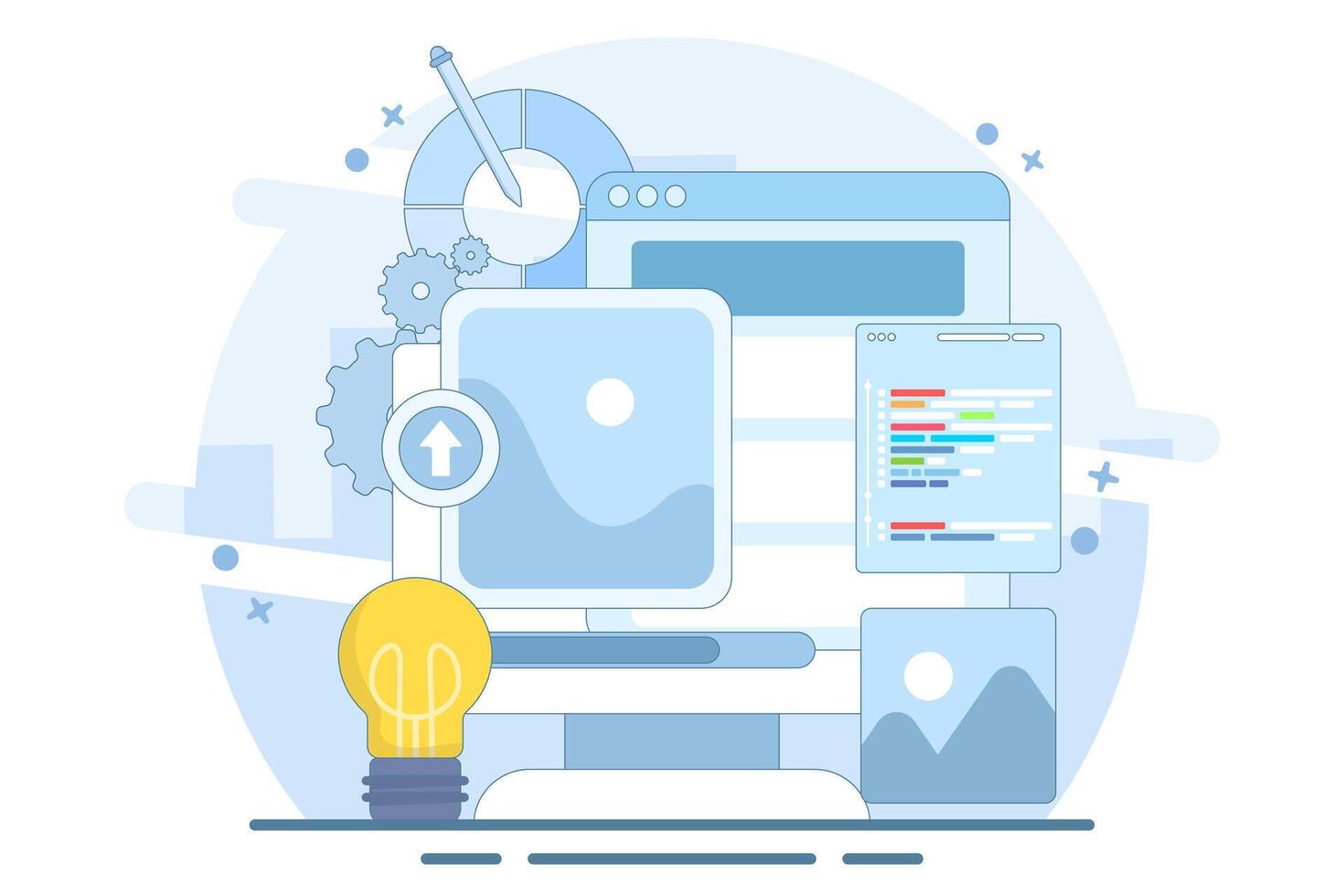 Web Design Concept, ui ux and programmer with computer, software development, Design and programming, App design, Coding, Web development. flat illustration on background. vector