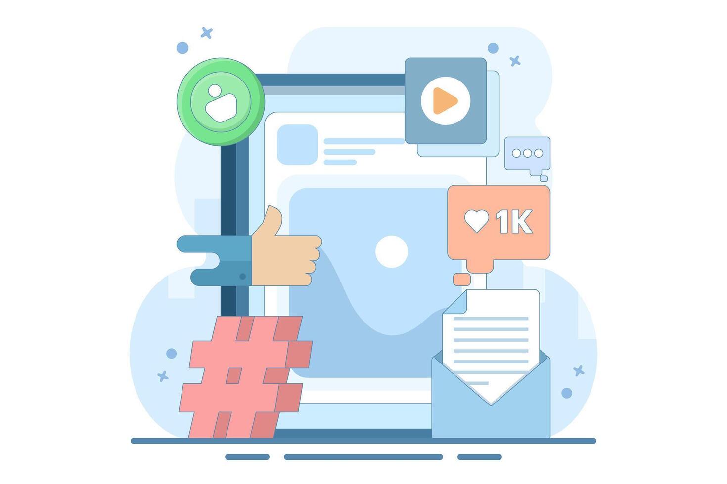 Social media marketing strategy concept, such as email, tag, digital marketing strategy, social media management, SMM, brand insight, campaign strategy development. Flat illustration. vector