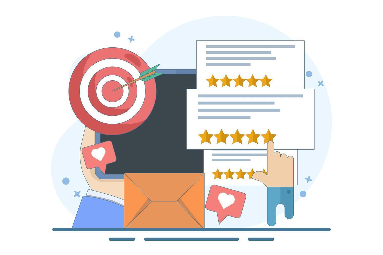 Concept of Best quality, Highest value, Online customer rating and reviews, Product and service rating, Hand click, top rating, reputation system program. Flat illustration on background. vector