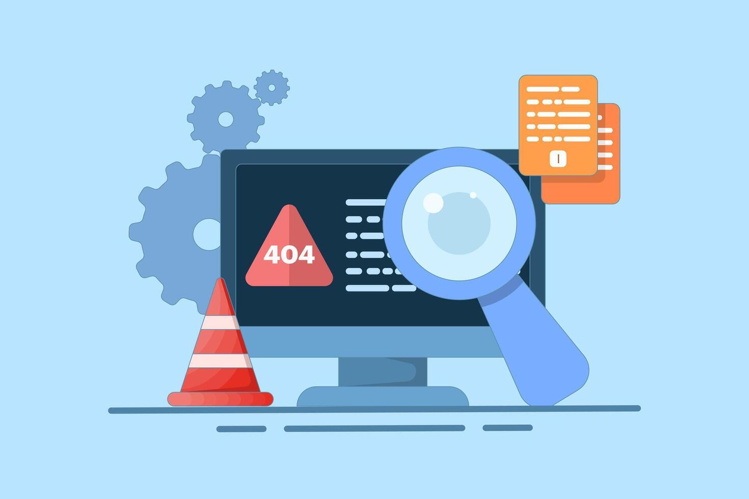 Concept of 404 error, page not found, security service warning message. Studying question mark inside text 404 with magnifying glass, examining the cause of web page crash. illustration. vector