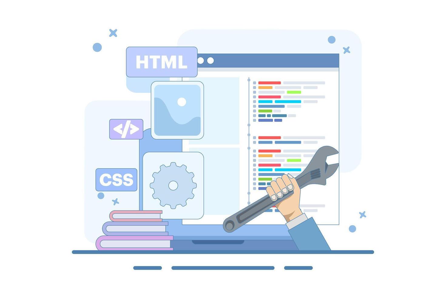 Web development concept. Programming languages. CSS, HTML, IT, UI. programmer developing website, coding. Banner. Flat illustration on white background. vector