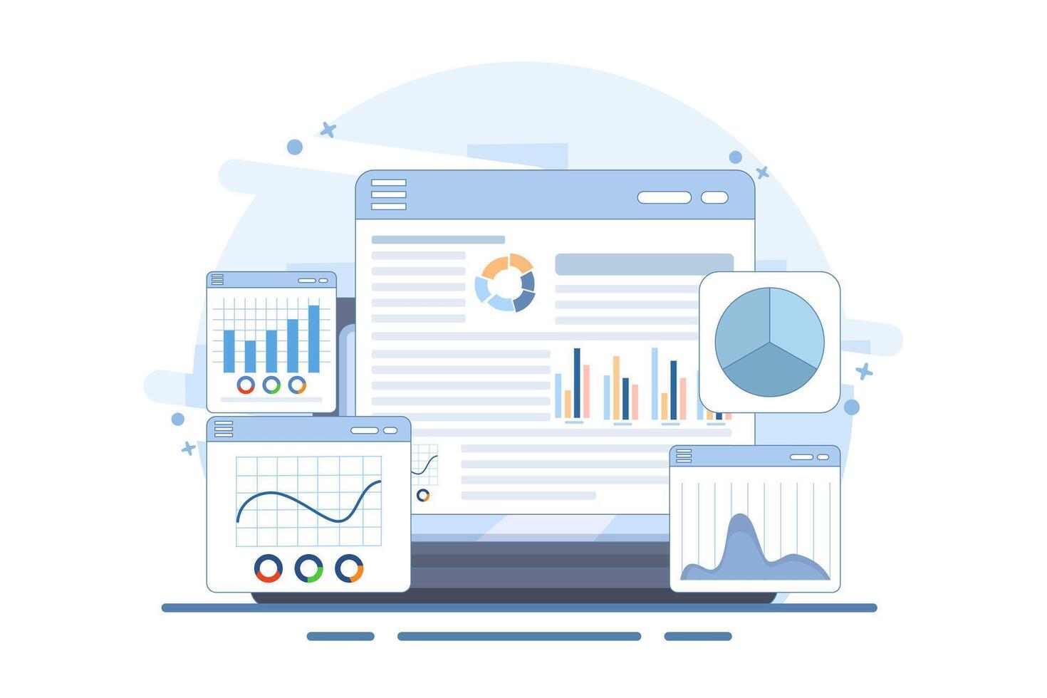 study concept for market expansion. Financial reports, investment data, sales information, business analysis, computing, Entrepreneurs analyze diagrams and graphs with a magnifying glass. vector