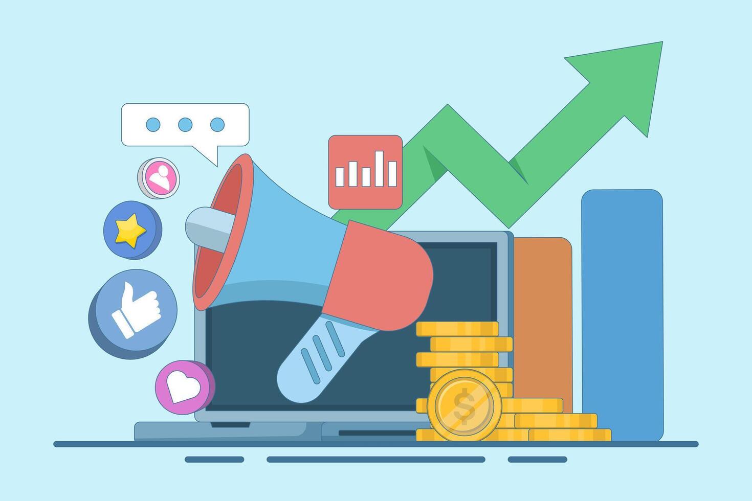social media marketing strategy, Digital marketing agency, Startup business, promotion, E-commerce, online social media marketing campaign for web interface. Flat illustration on background. vector