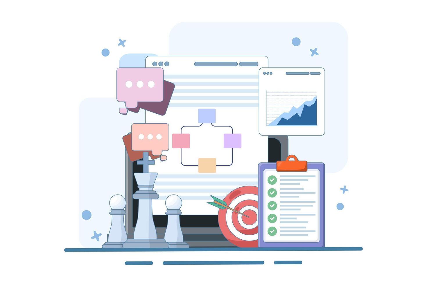 Concepts of strategic planning, goal setting, organizational alignment, strategic direction, strategic vision, goal achievement, actionable goals. vector