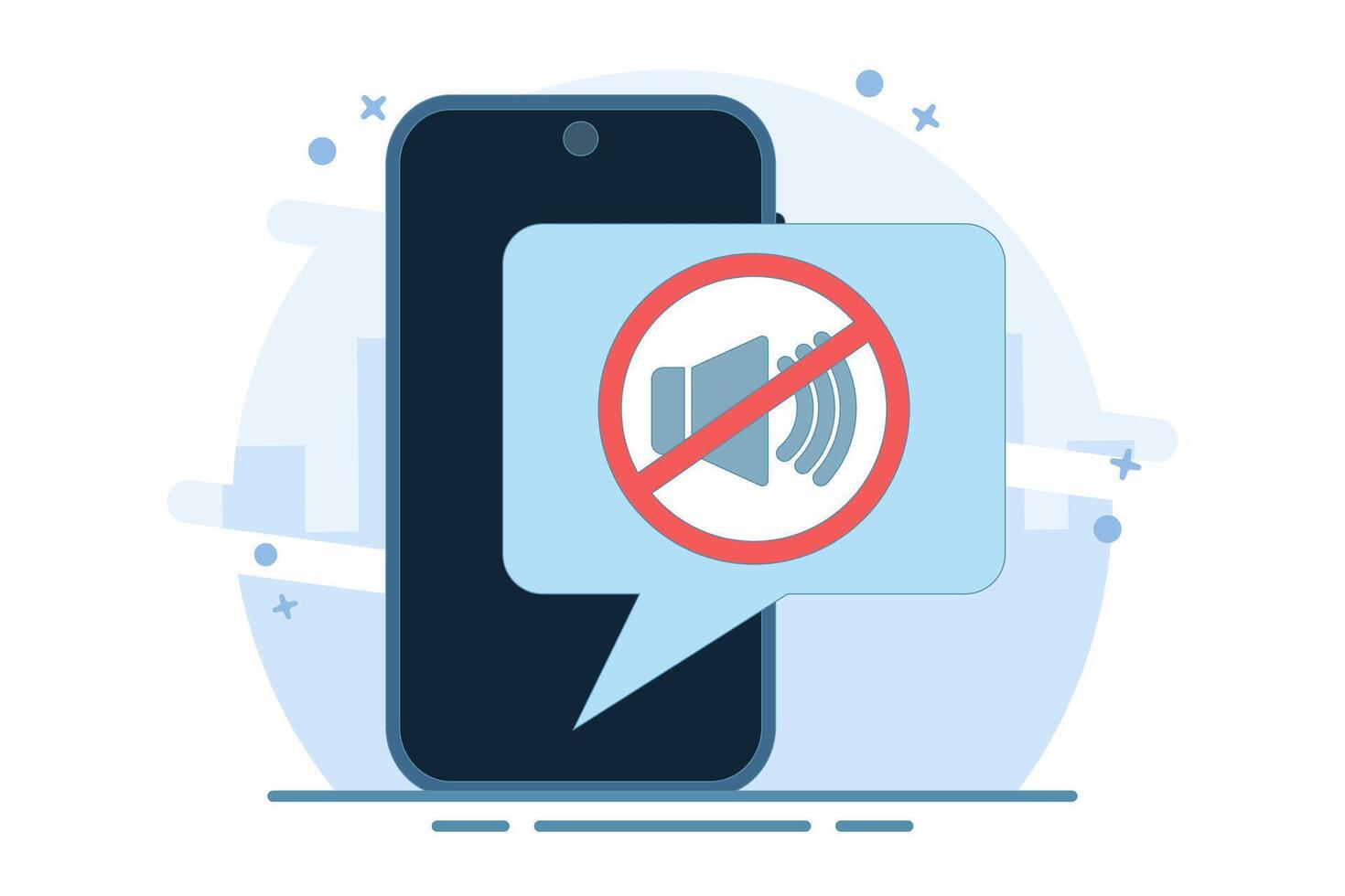Mute mode sign concept for mobile phone, no sound sign, flat cartoon volume off for smart phone, silent zone symbol for mobile phone. no noise area. flat illustration. vector