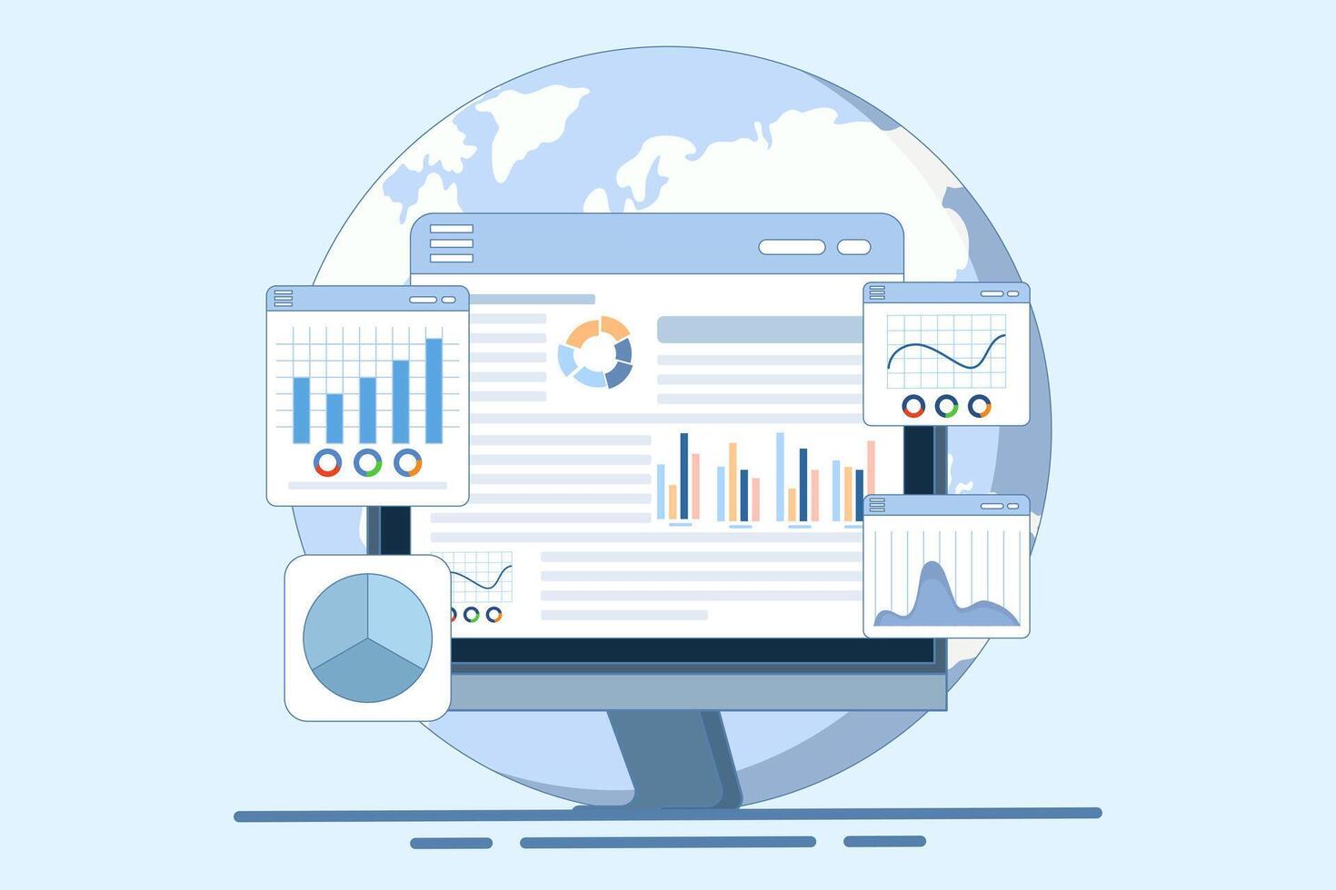 study concept for market expansion. Financial reports, investment data, sales information, business analysis, computing, analyzing diagrams and graphs with magnifying glass. vector