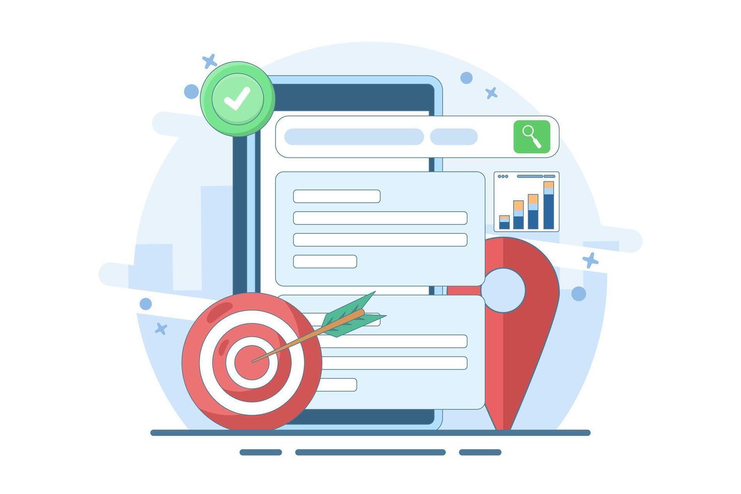 Online information search concept. SEO Optimization Marketing Strategy. Search engine on smart device screen with local pin location icon and target. vector