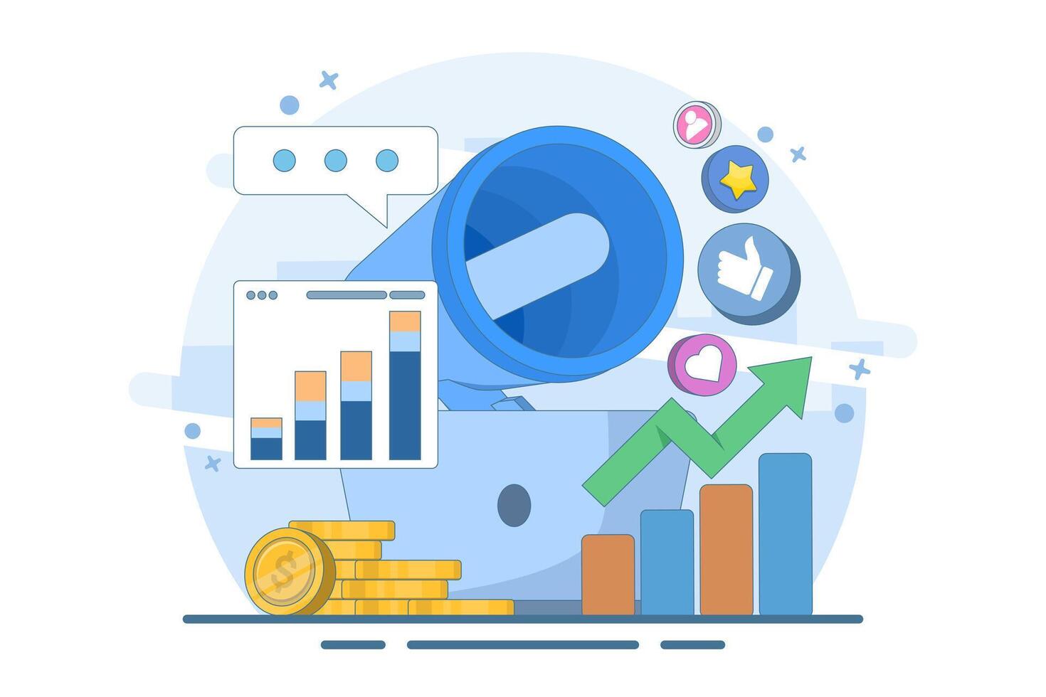Social media marketing strategy concept, Digital marketing agency, Startup business, promotion, Ecommerce, online social media marketing campaign for web interface, landing page, banner, app. vector