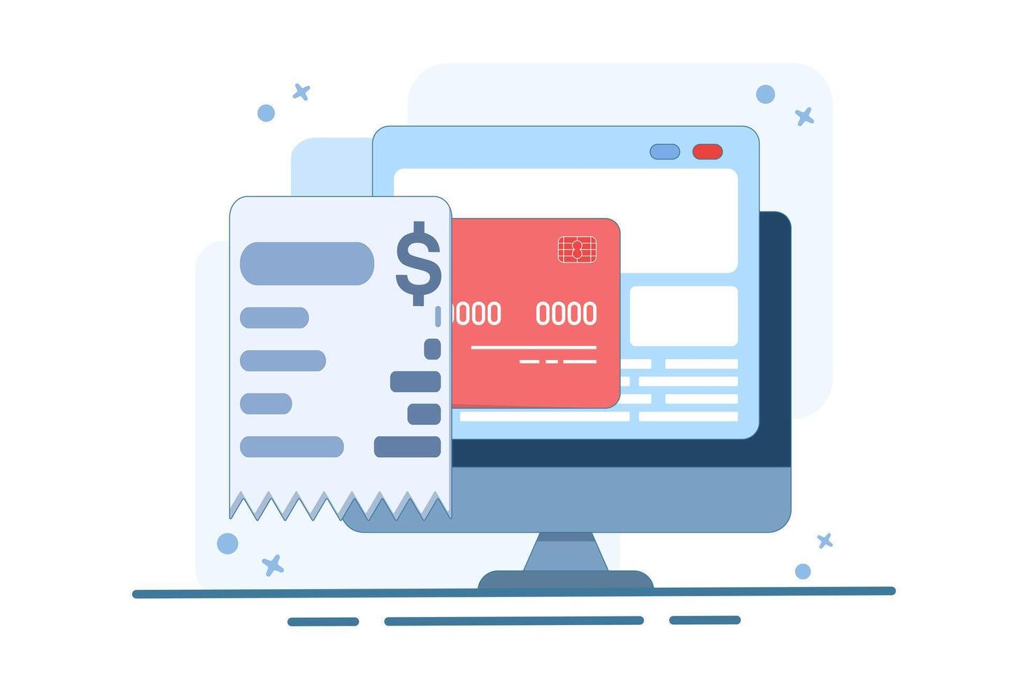 The concept of payment bill is confirmed approved via payment card on laptop computer, electronic digital money invoice payment transaction is successful, receipt is complete, payment is verified. vector