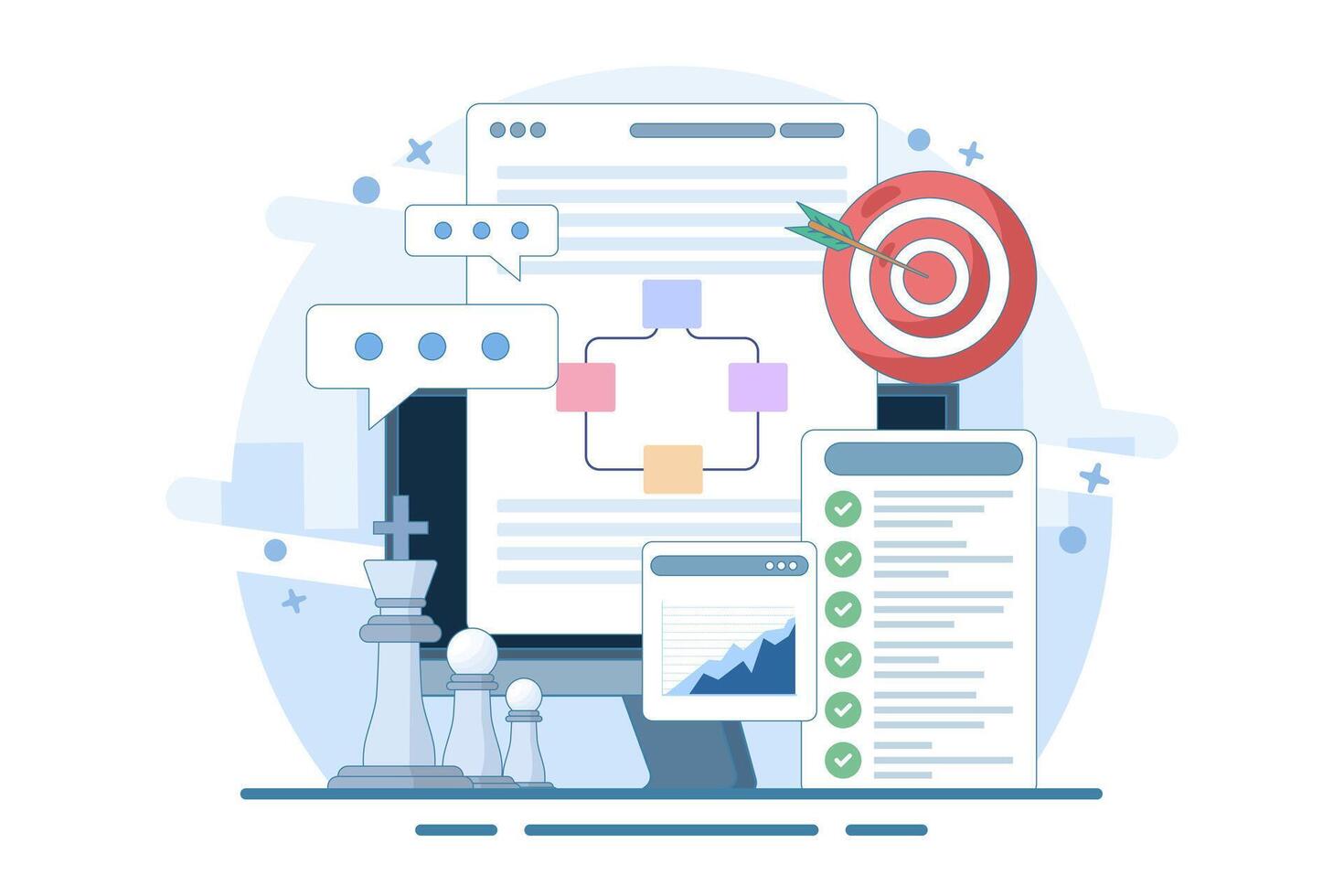 Strategic planning concept, goal setting, organizational alignment, strategic direction, strategic vision, actionable goals, goal achievement, flat illustration on background. vector