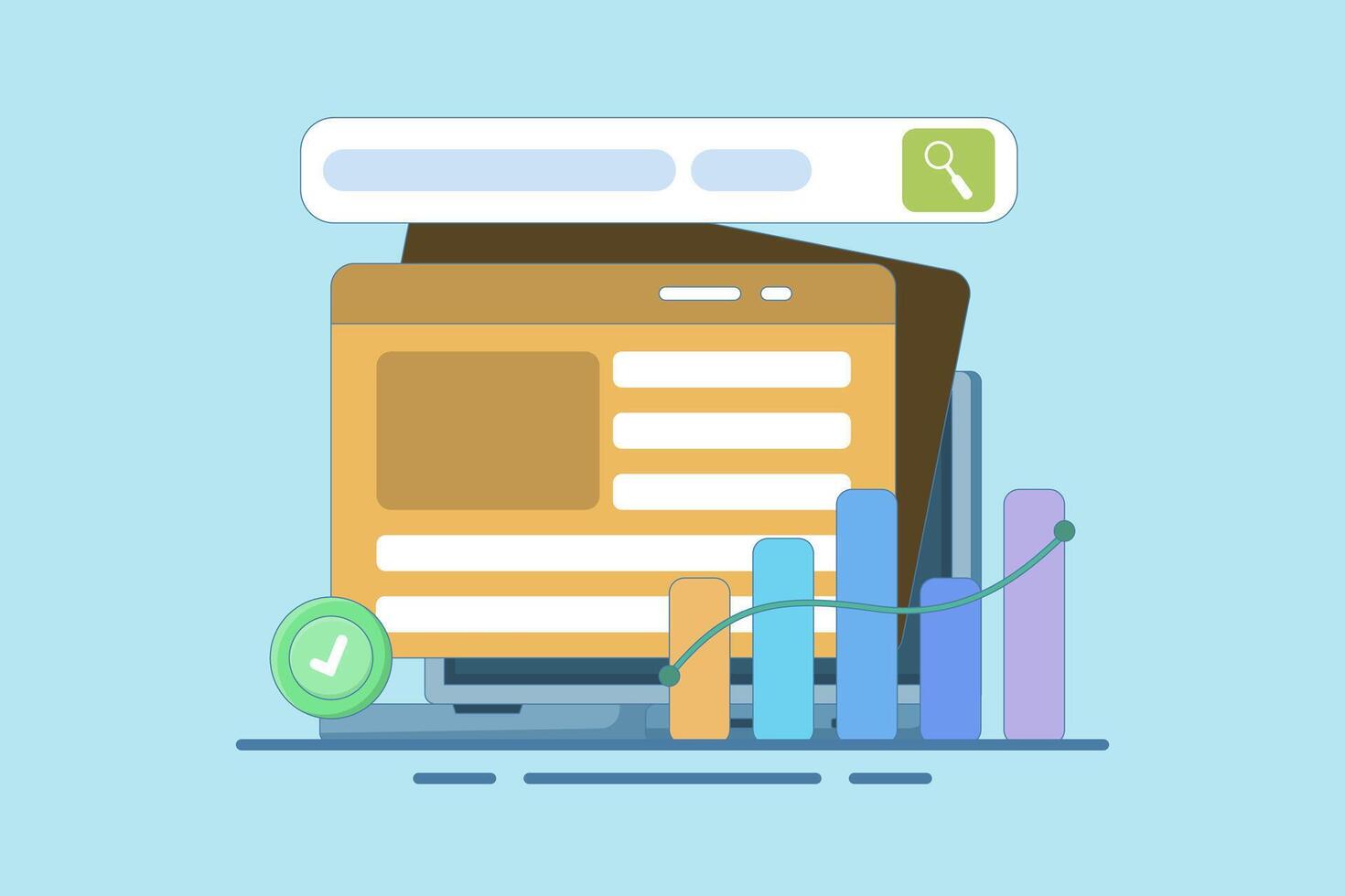 Media search data with stock charts for business. Management software. Media data. Media data management and charts for business. Flat illustration. vector