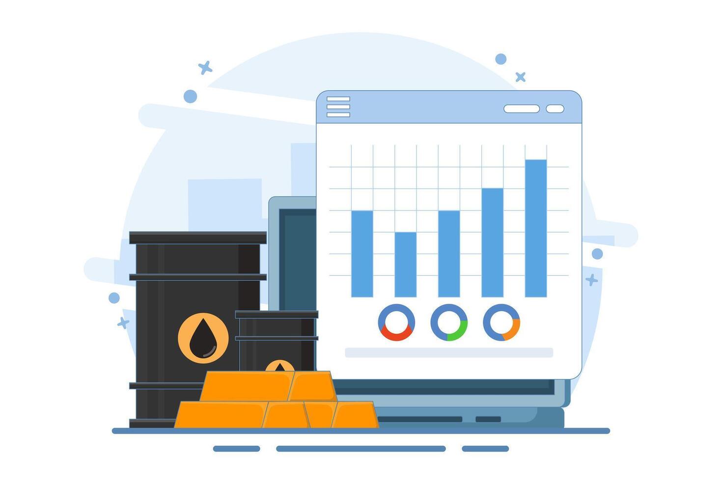 Global gold and crude oil trading market concept, Oil barrels with gold bars and devices on isolated background, digital marketing. vector