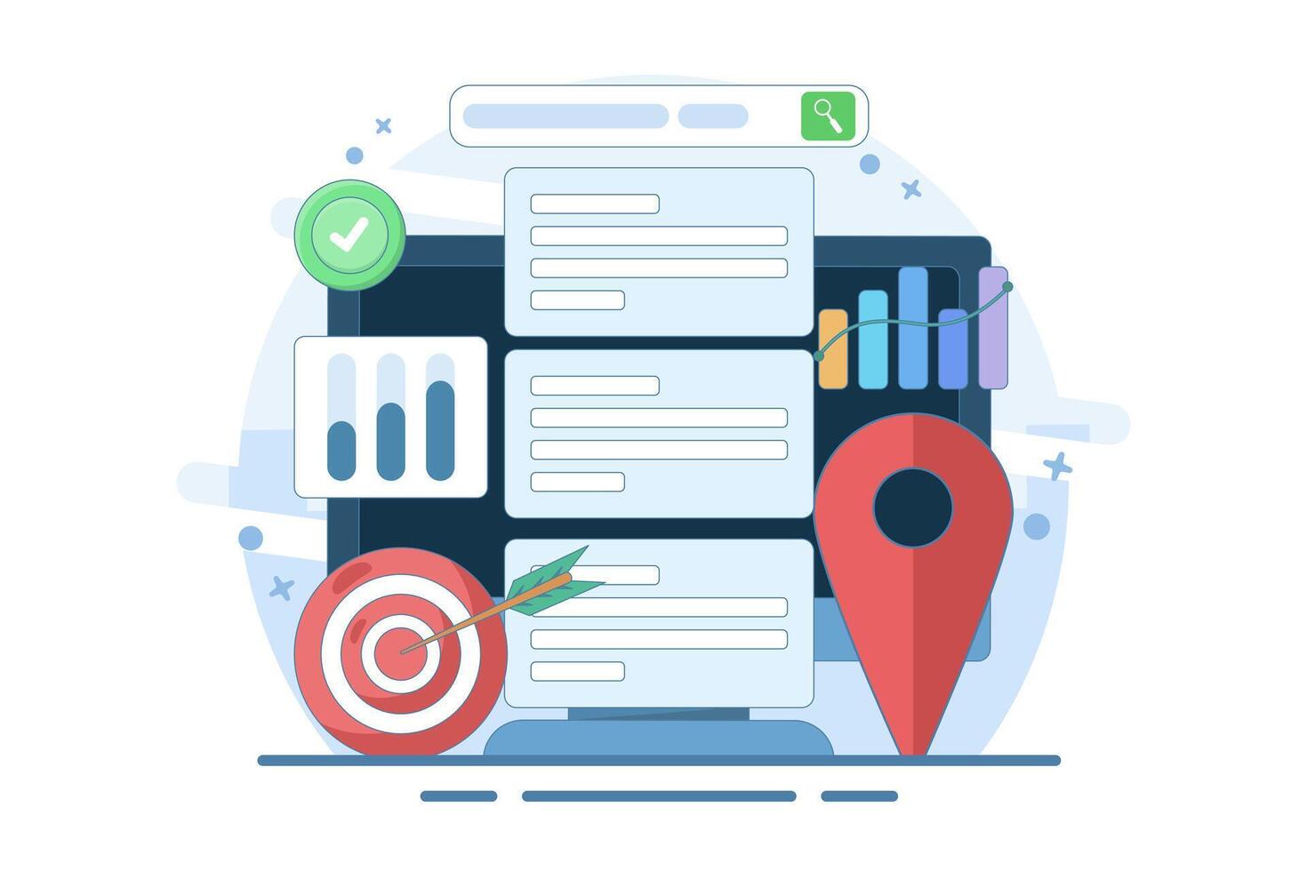 Online information search concept. Search engine on smart device screen with local pin location icon and target. SEO Optimization Marketing Strategy. vector