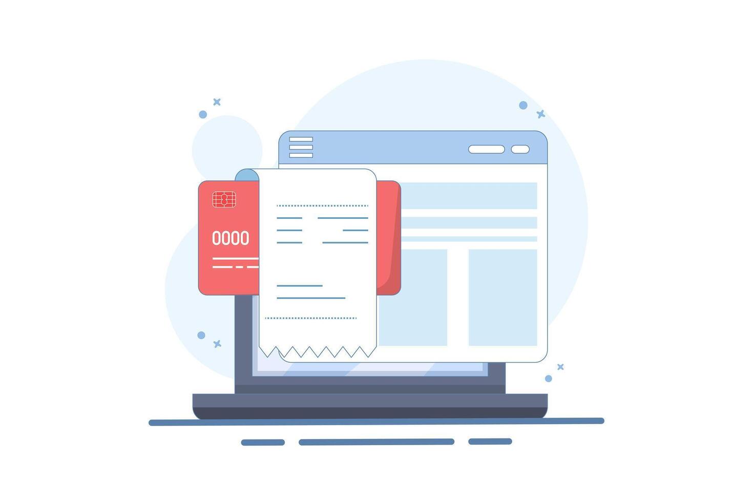 Concept of payment bill confirmed approved via payment card on laptop computer, electronic digital money invoice payment transaction successful, payment verified. flat illustration on background. vector