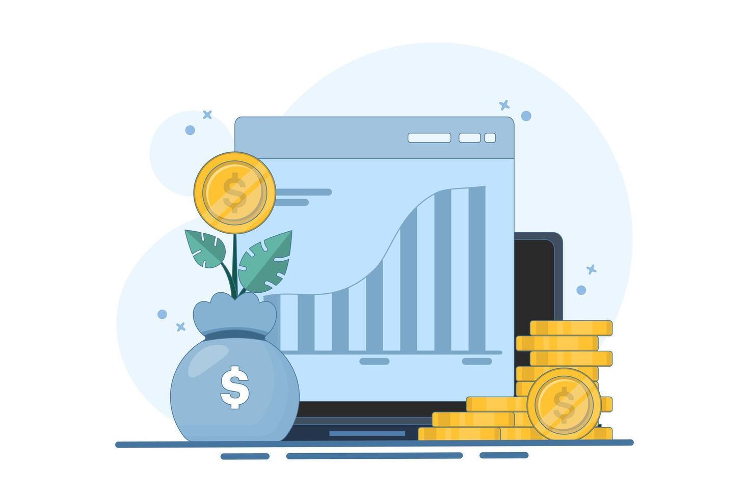 Digital financial growth concept, Online financial system analysis with computer or laptop, data analysis and monitoring on web report dashboard and business financial investment. Flat illustration. vector