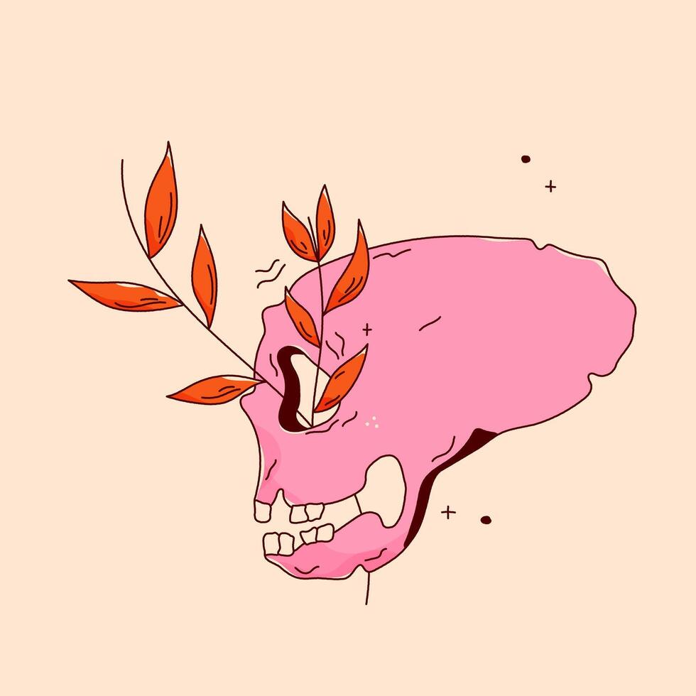 Pink psychedelic scull with leaves and tiny details. vector