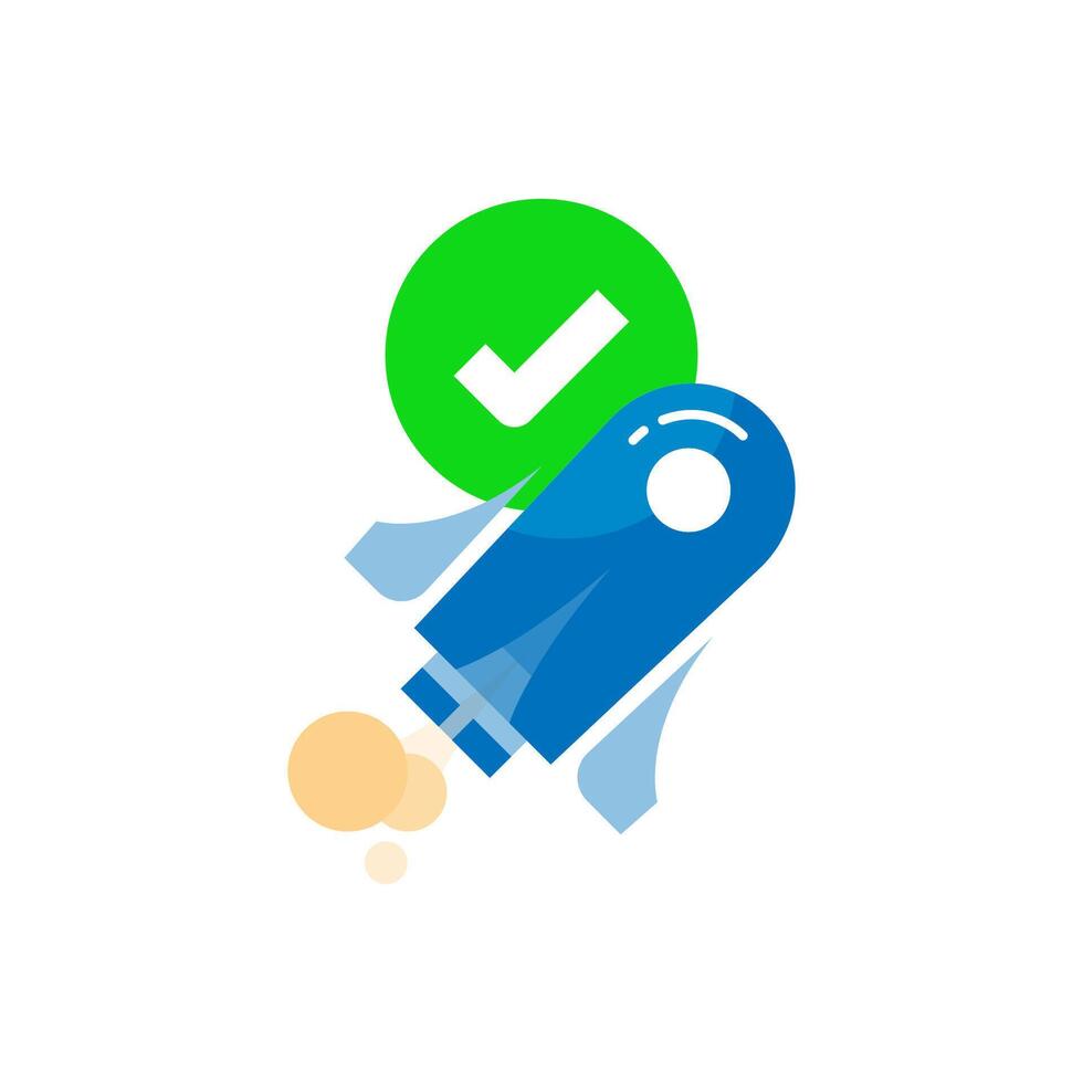 illustration featuring a rocket and a check mark, symbolizing current app version is up to date with no pending updates. The design uses clean and simple to convey clarity, latest version status vector