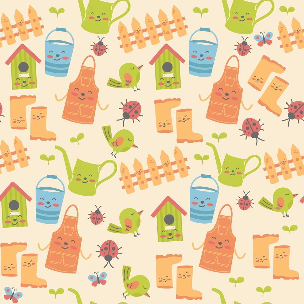 Seamless pattern kawaii gardening flat design vector