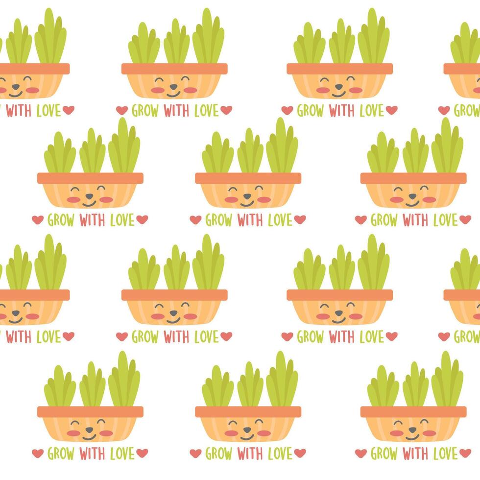 Seamless pattern of kawaii seedlings with inscription vector