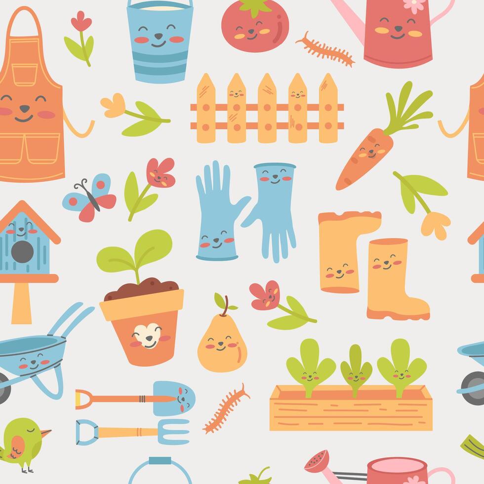Seamless pattern kawaii garden flat design vector
