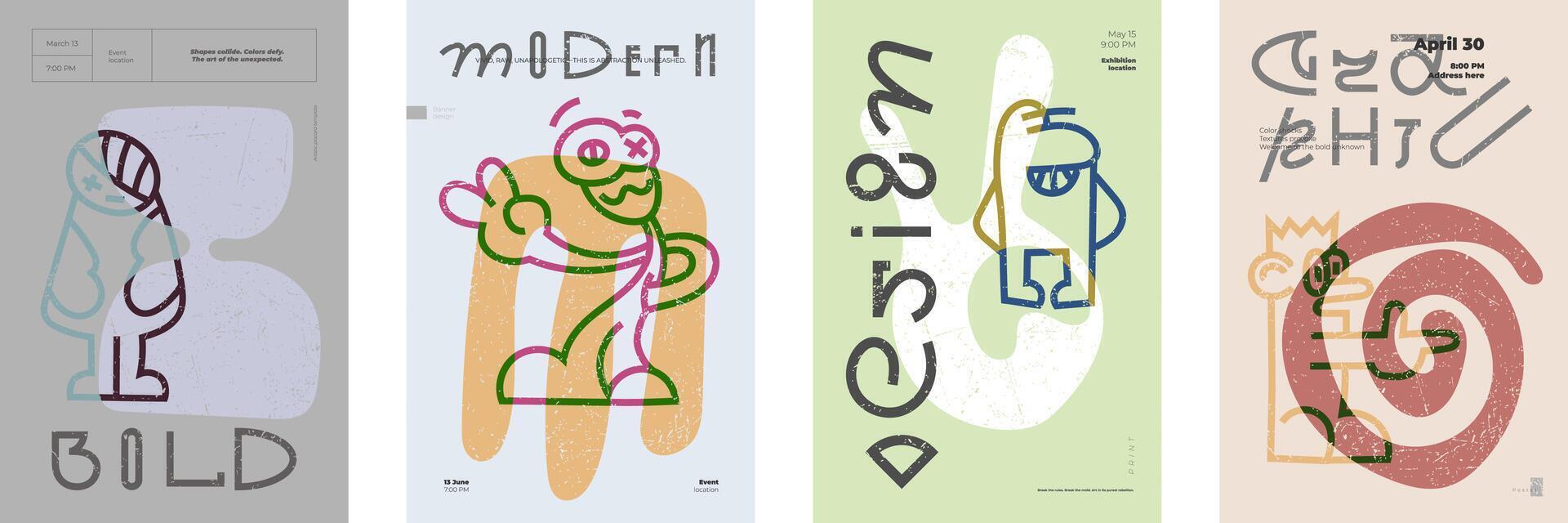Bold abstract poster set featuring quirky linear characters and innovative contemporary lettering. Vibrant, primitive shapes meet retro minimalist typography with modern color palettes. Event graphics vector
