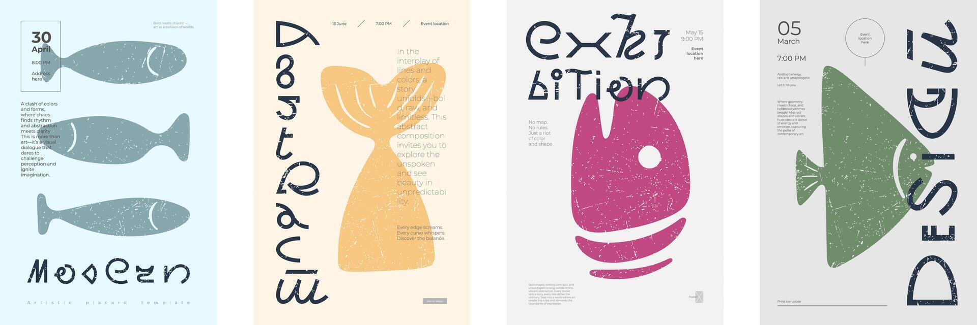 Abstract bold poster templates. Simple fish shapes and creative modern typography. Brutalist structure, minimalist aesthetics, and postmodern flair. Contemporary art exhibition or event announcement vector