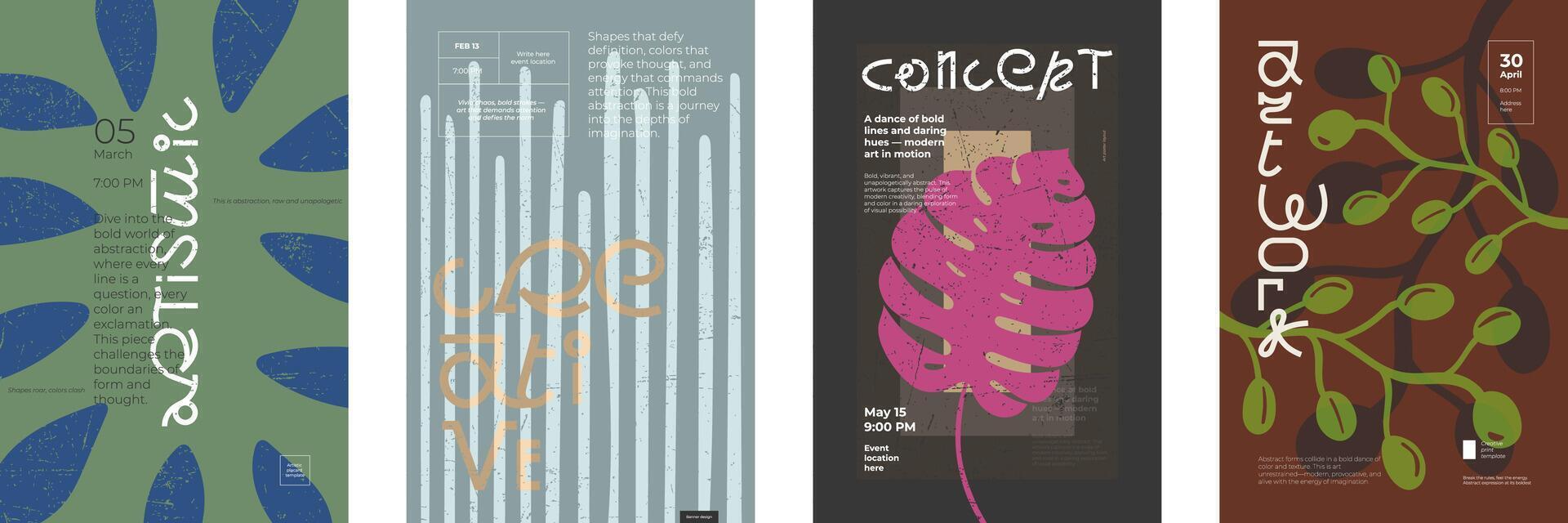 Abstract bold poster templates. Simple colorful organic leaf shapes and creative modern typography. Blend of brutalism, minimalism and postmodernism. Announcing contemporary art exhibitions or events vector
