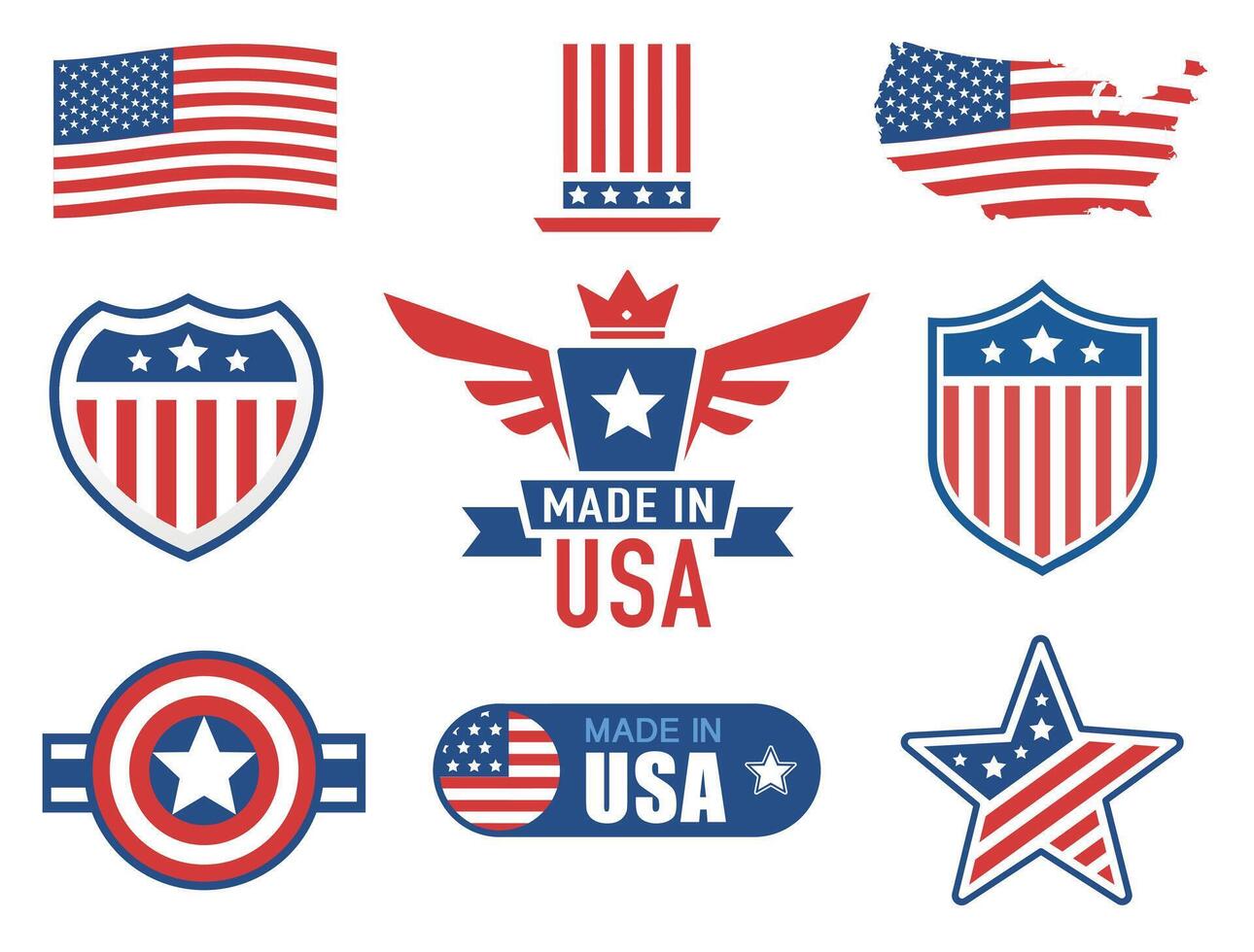 Symbols of America. Patriotic symbols associated with the USA, including the flag and coats of arms vector