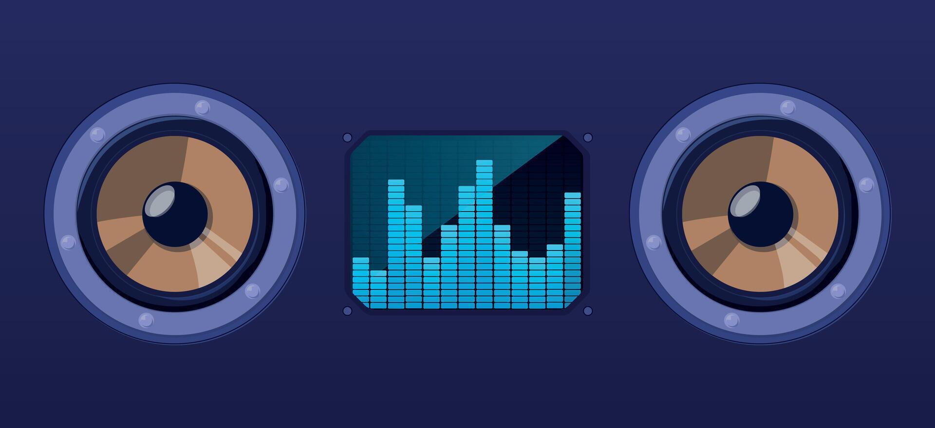 Audio tape recorder with Frequency Chart. The image of two speakers with a frequency graph between them symbolizes music and sound vector