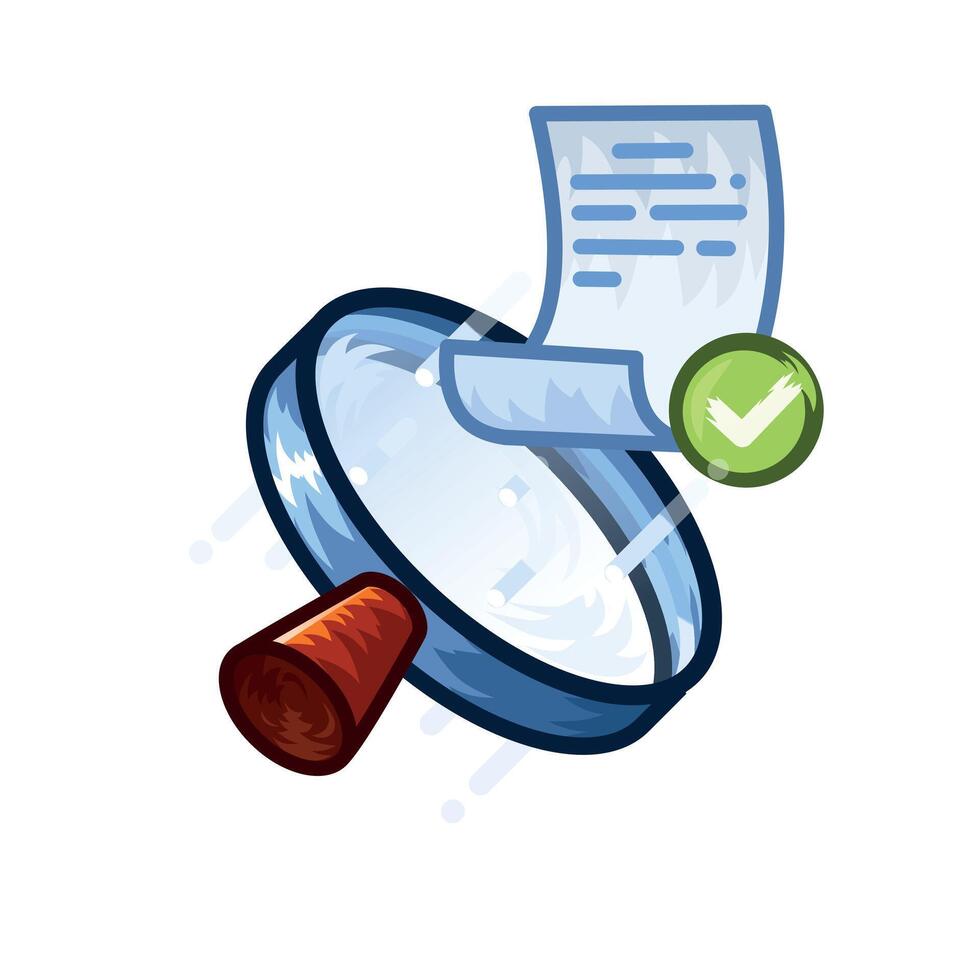 The search for the required document was successfully completed. An image of a magnifying glass and a document with a green check mark vector